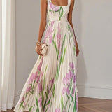 Ingrid | Maxikleid Chiffon mit Blumenmuster plissiert weiß